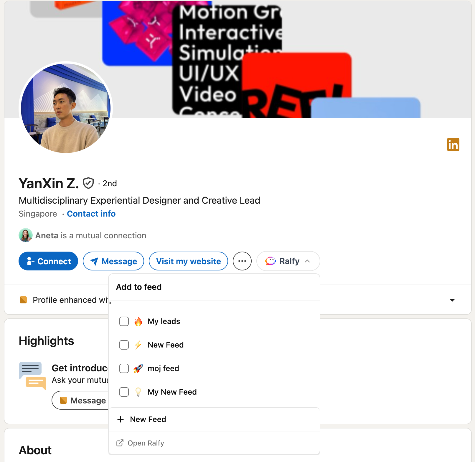 LinkedIn profile with the Ralfy 'Add to feed' dropdown open