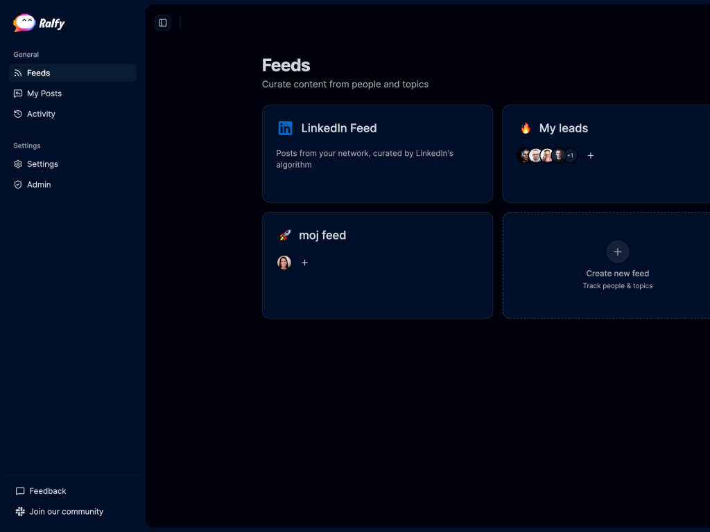 Feeds page in the Ralfy web app with multiple curated feeds