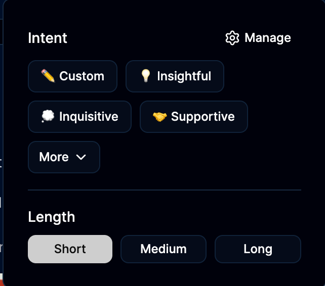 Intent picker showing Custom, Insightful, Inquisitive, Supportive intents and Short / Medium / Long length tiers