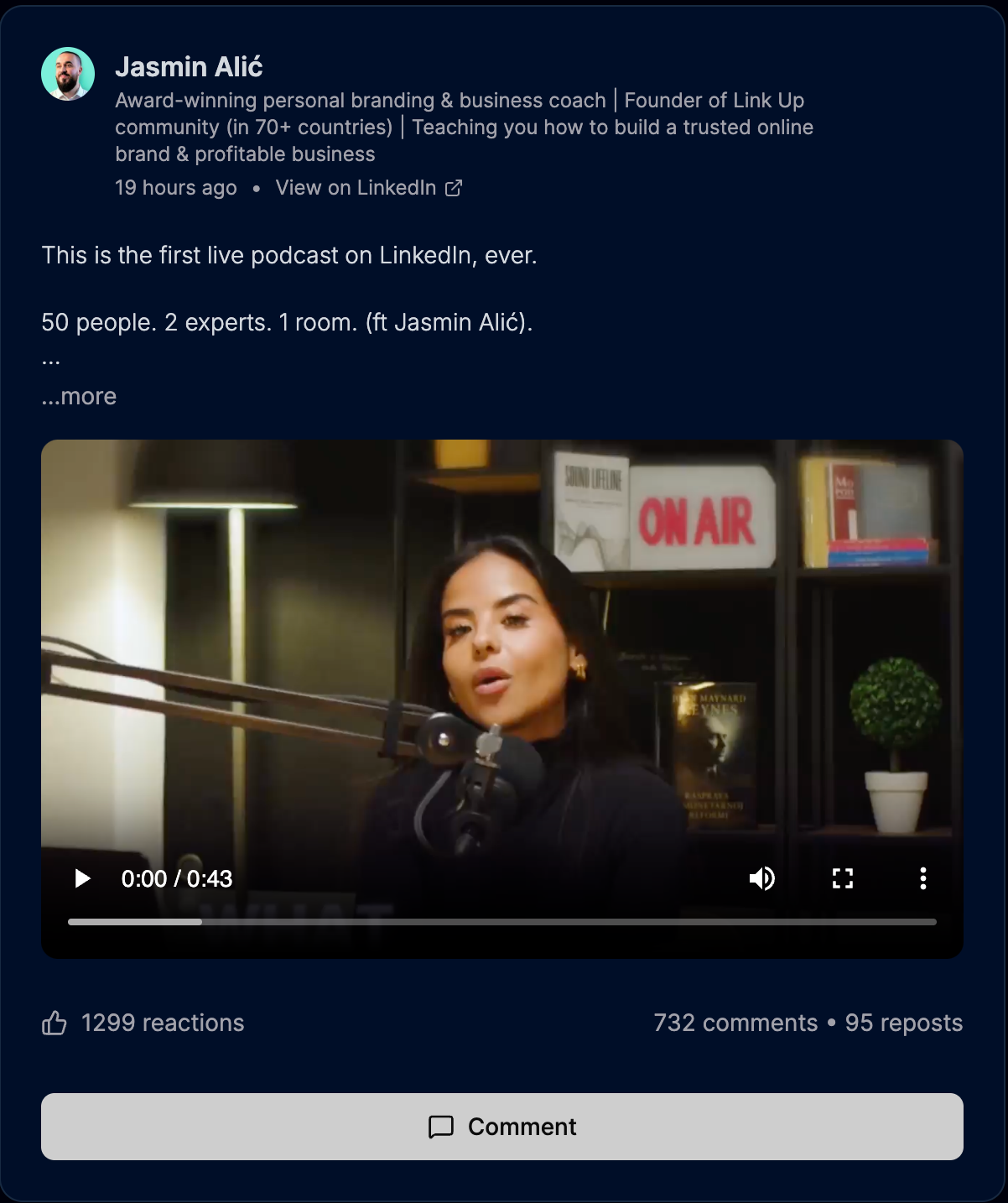 Single post detail view with embedded LinkedIn video