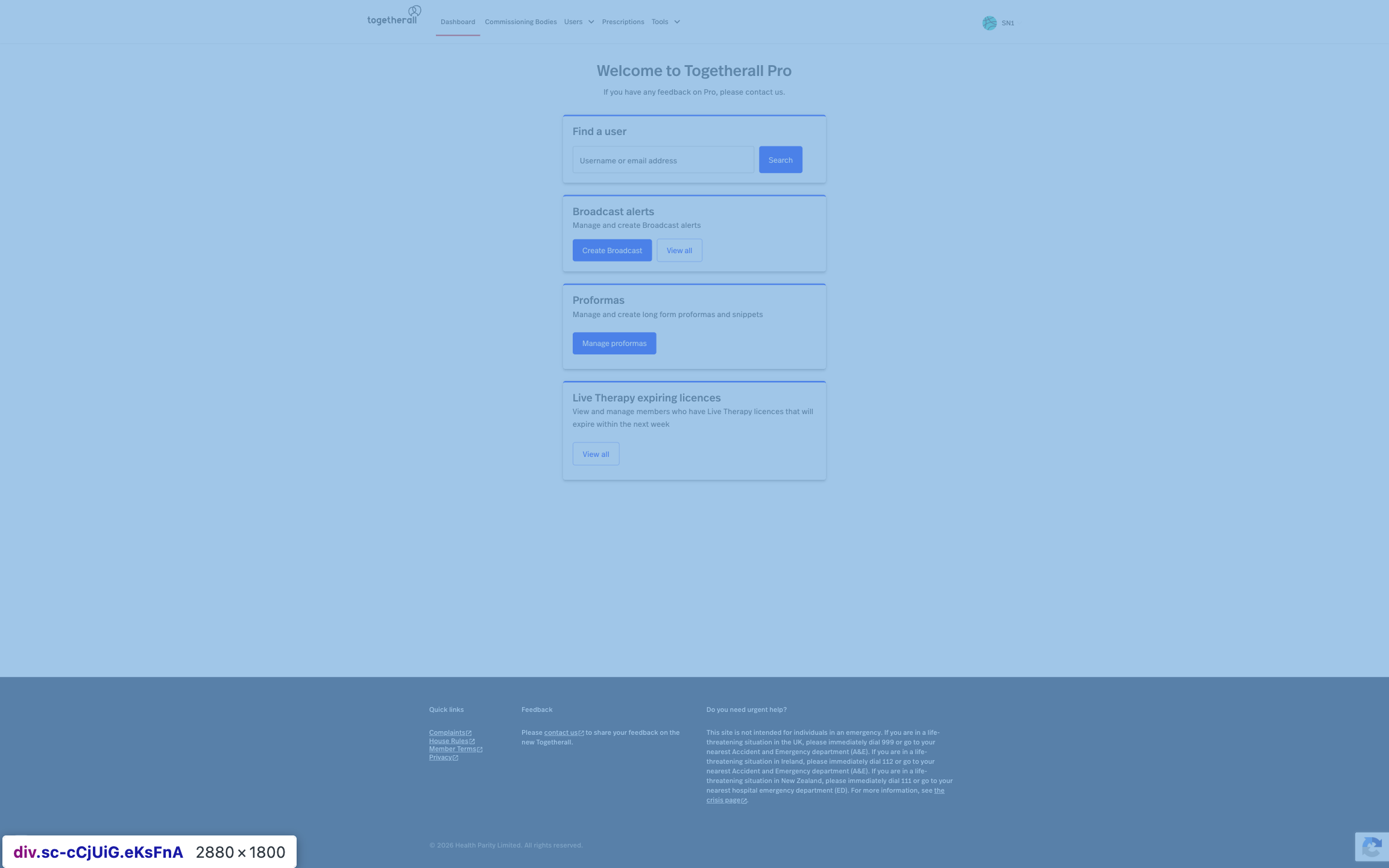 Togetherall Pro admin dashboard for healthcare partners